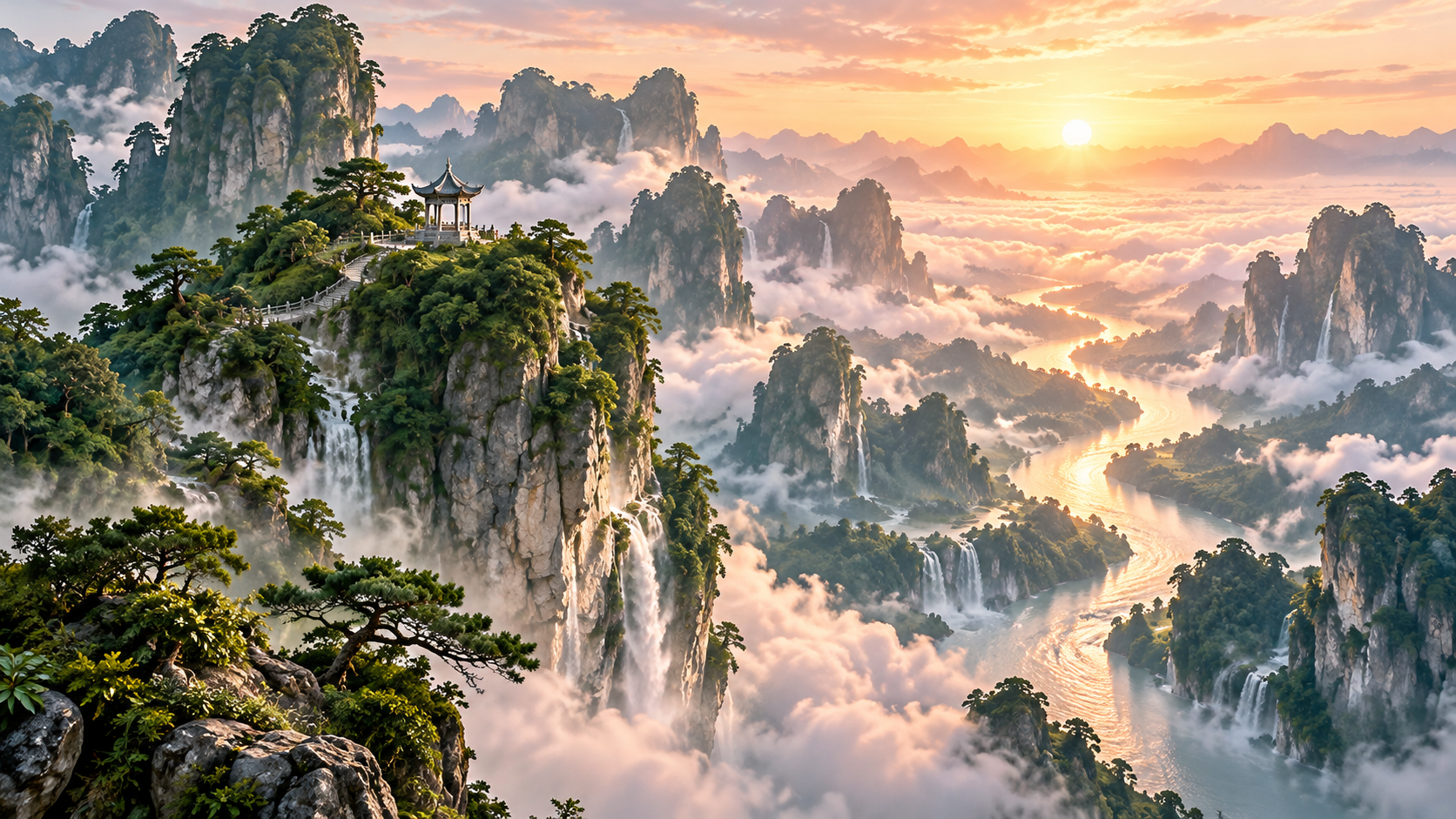 悬浮于云海的青绿山峰，亭台与发光的河流